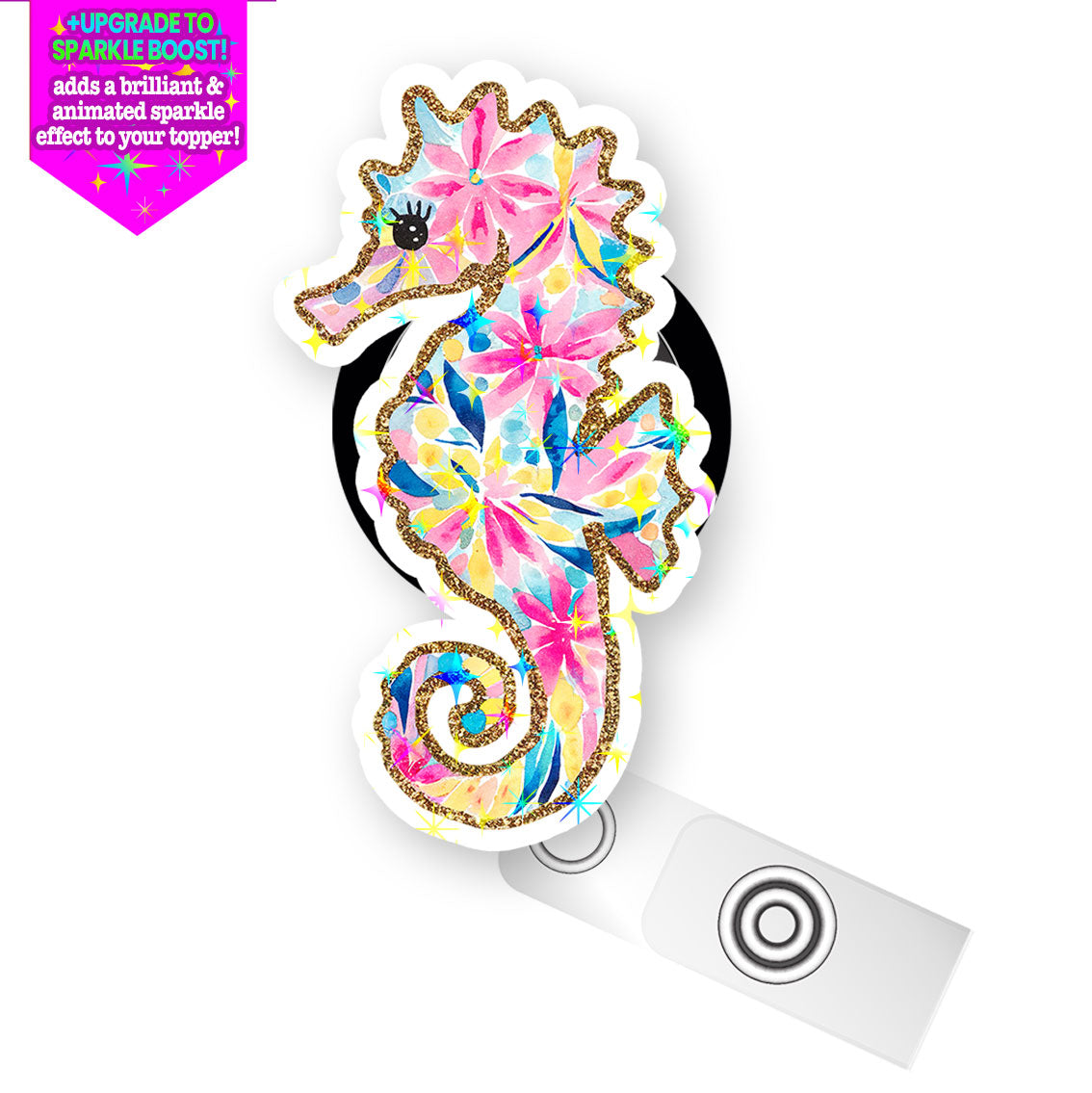 Sea You Sparkle Seahorse Pop Topper Swapfinity Retractable ID Badge Reel - - Topperswap
