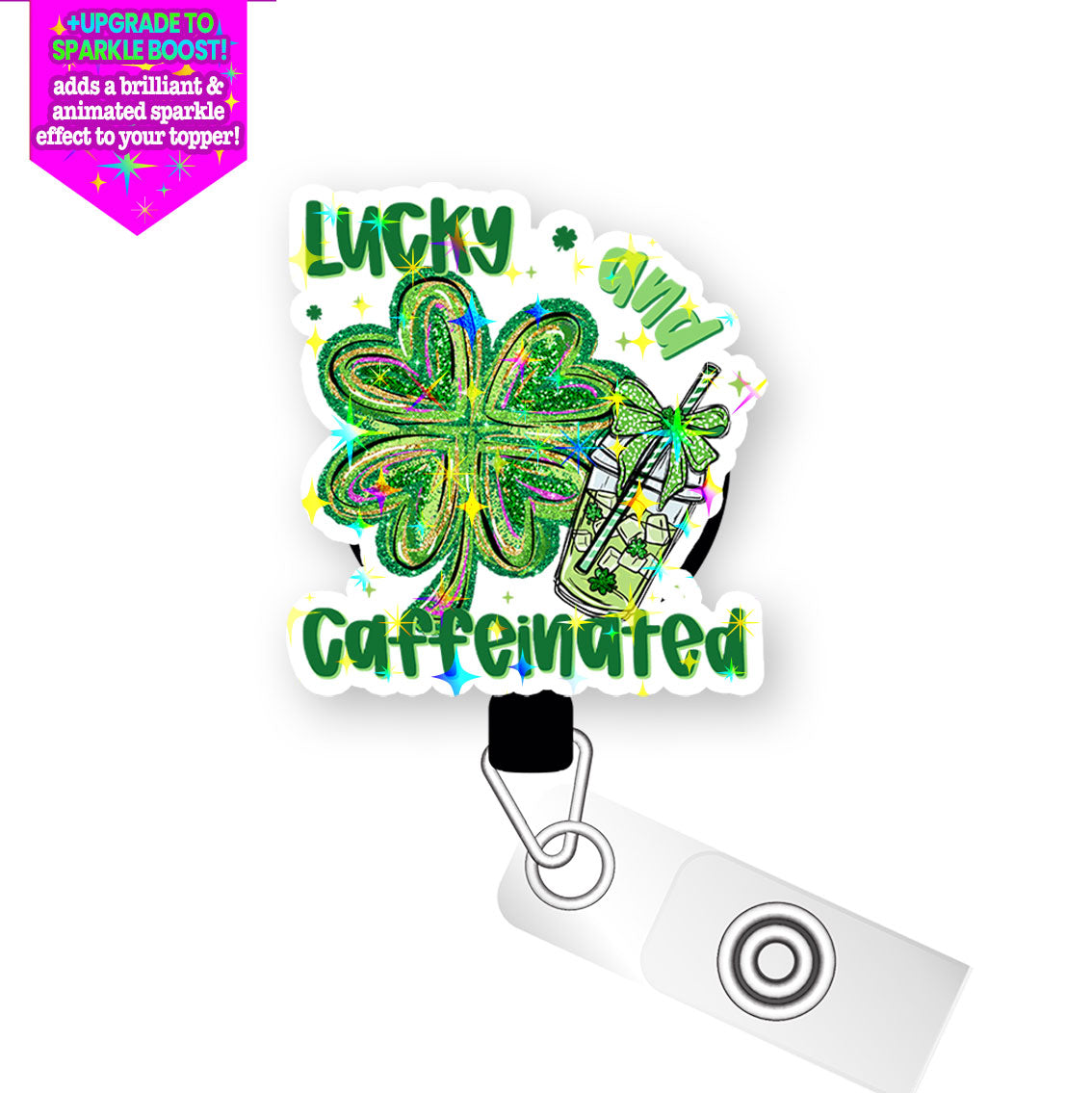 Lucky & Caffeinated Pop Topper Swapfinity Retractable ID Badge Reel - Slide Clip / Flex - Make it Sparkle - Topperswap