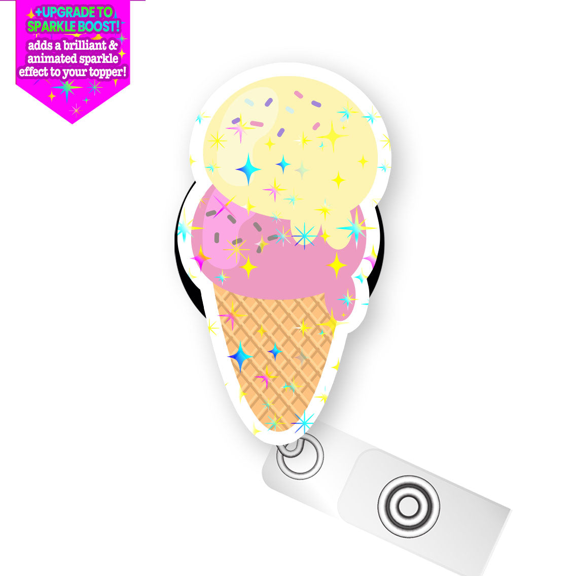 Double Scoop Delight Ice Cream Pop Topper Swapfinity Retractable ID Badge Reel - Slide Clip / Make it Sparkle - Topperswap