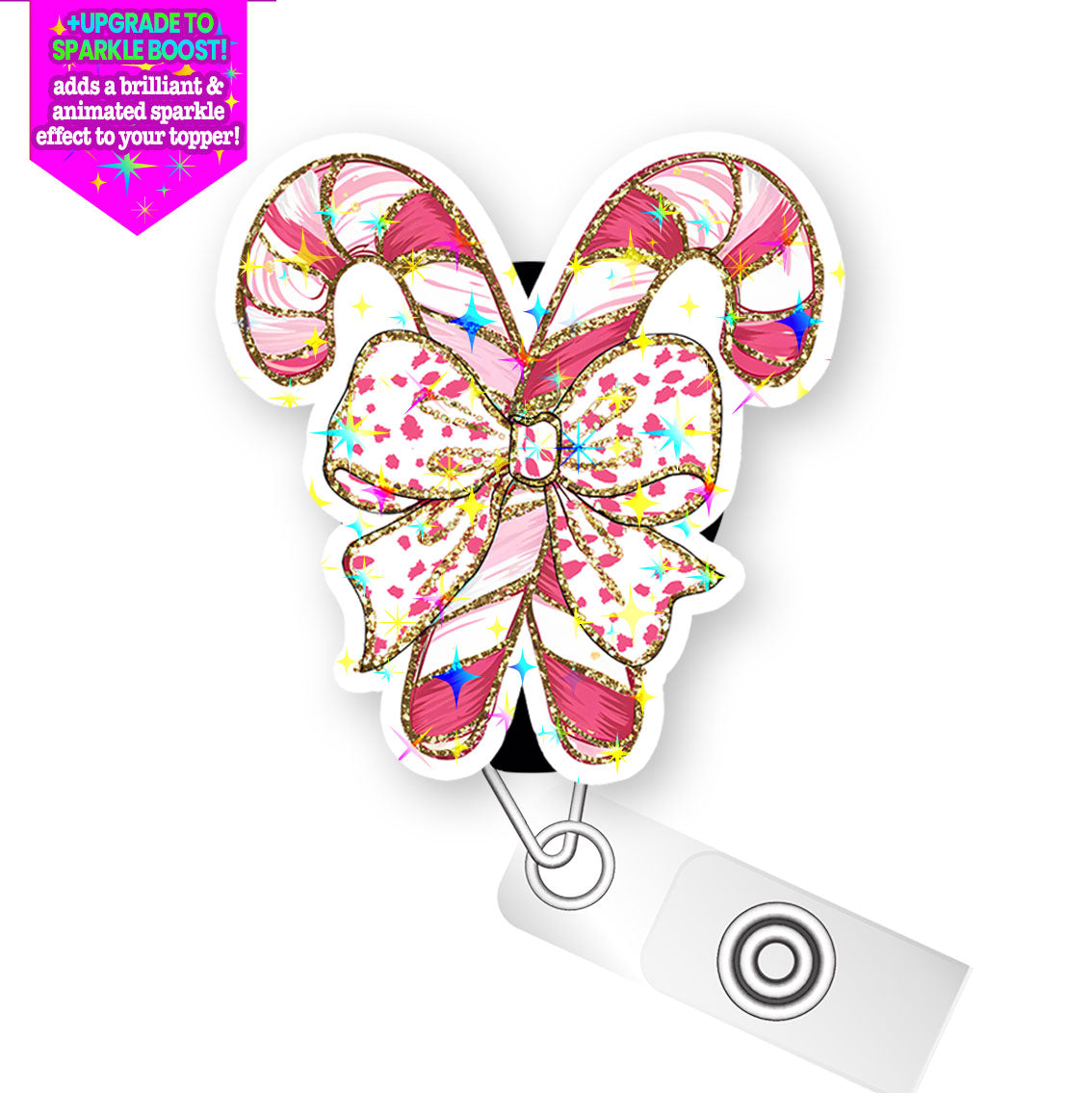 Candy Cane Bow Pop Topper Swapfinity Retractable ID Badge Reel - Alligator Clip / Make it Sparkle - Topperswap