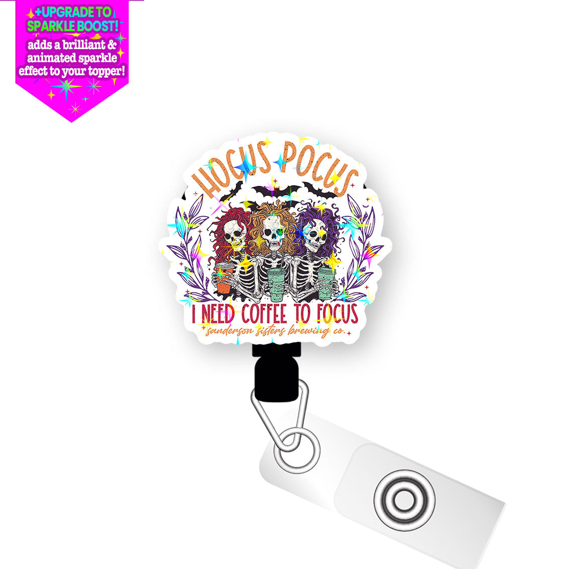 Three Coffee Sisters Pop Topper Swapfinity Retractable ID Badge Reel - Alligator Clip / Make it Sparkle - Topperswap