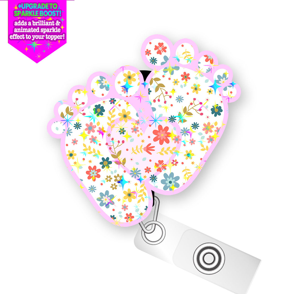 Baby Feet Floral Pop Topper Swapfinity Retractable ID Badge Reel - Alligator Clip / Make it Sparkle - Topperswap