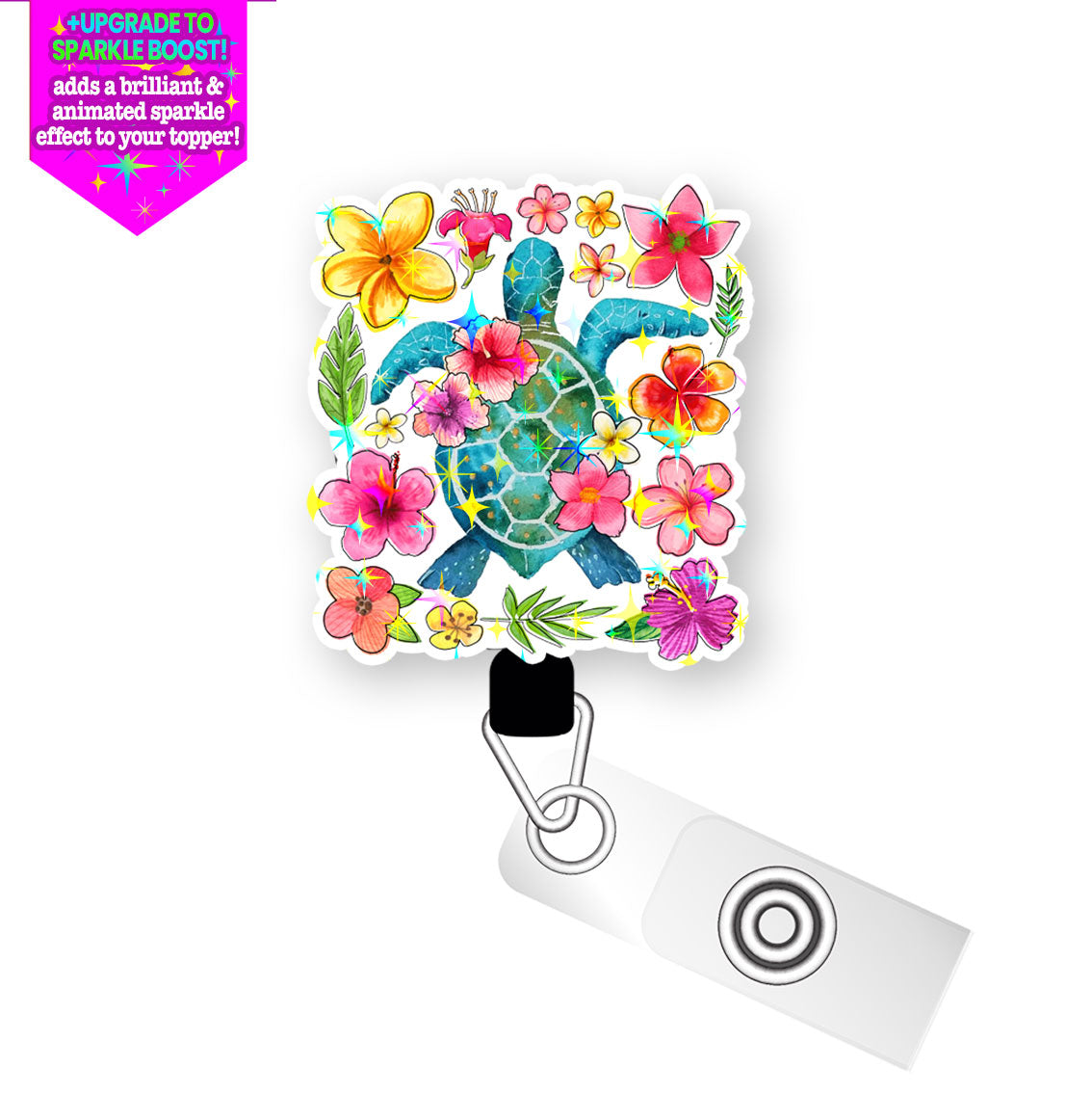 Tropical Turtle Bloom Pop Topper Swapfinity Retractable ID Badge Reel - Alligator Clip / Flex - Make it Sparkle - Topperswap