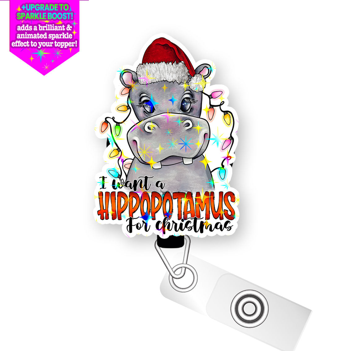 Hippo Christmas Pop Topper Swapfinity Retractable ID Badge Reel - Alligator Clip / Make it Sparkle - Topperswap