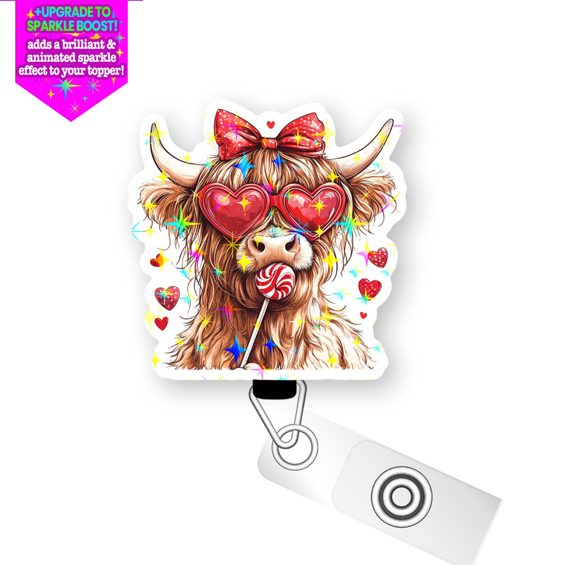 Sweetheart Highland Cow Pop Topper Swapfinity Retractable ID Badge Reel