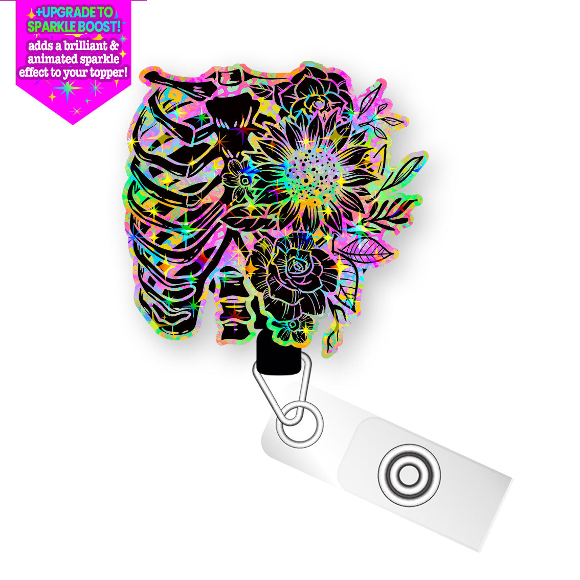 Neon X-Ray Floral Pop Topper Swapfinity Retractable ID Badge Reel - Alligator Clip / Make it Sparkle - Topperswap