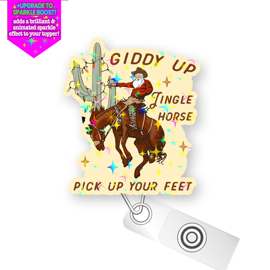 Giddy Up Christmas Cowboy Pop Topper Swapfinity Retractable ID Badge Reel - Slide Clip / Make it Sparkle - Topperswap