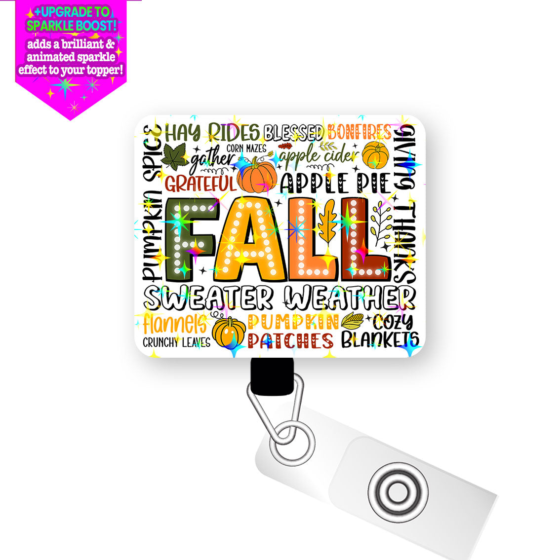 Fall Festivities Collage Pop Topper Swapfinity Retractable ID Badge Reel - Alligator Clip / Make it Sparkle - Topperswap