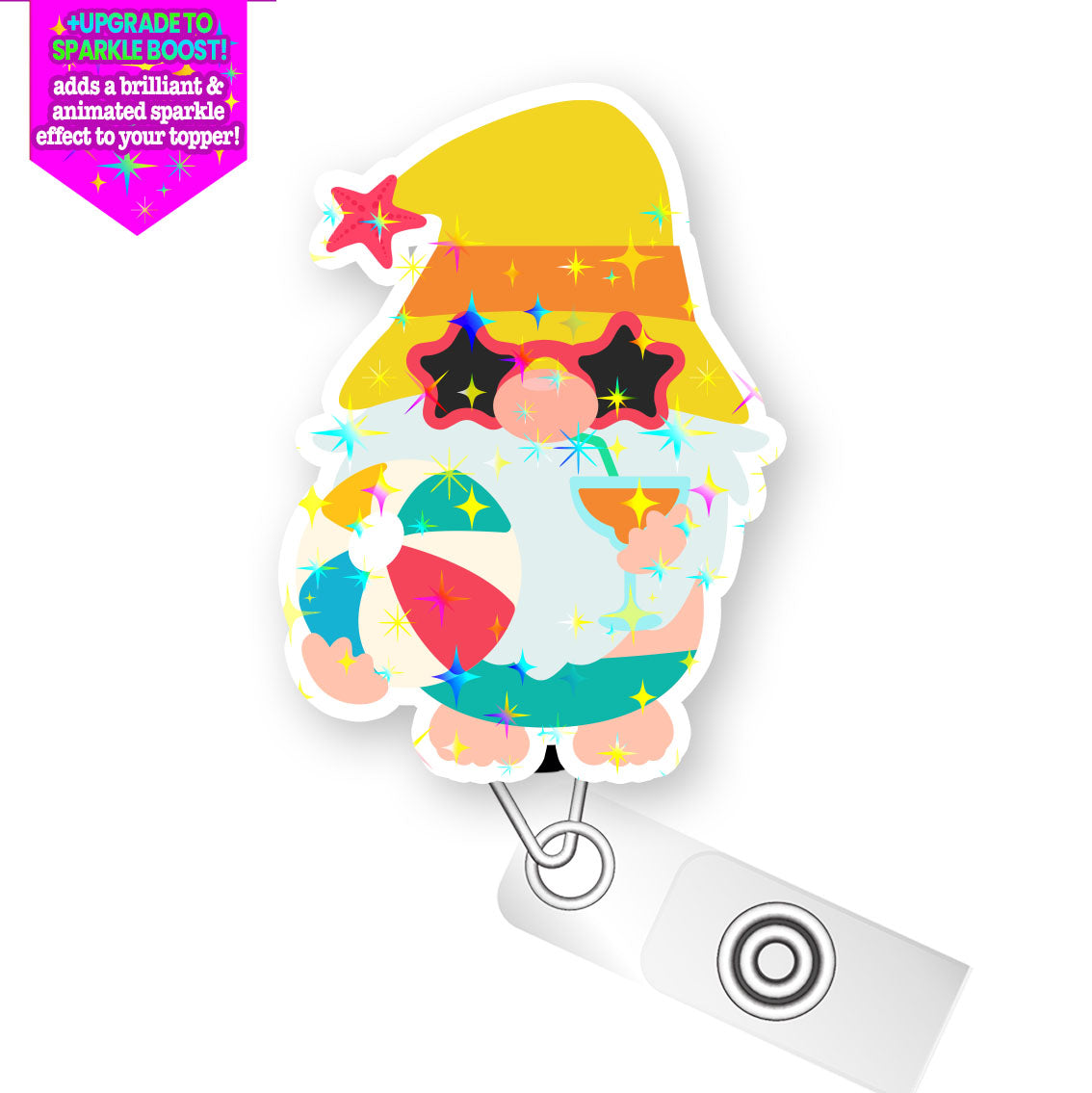 Sunshine Soiree Gnome Pop Topper Swapfinity Retractable ID Badge Reel - Slide Clip / Make it Sparkle - Topperswap