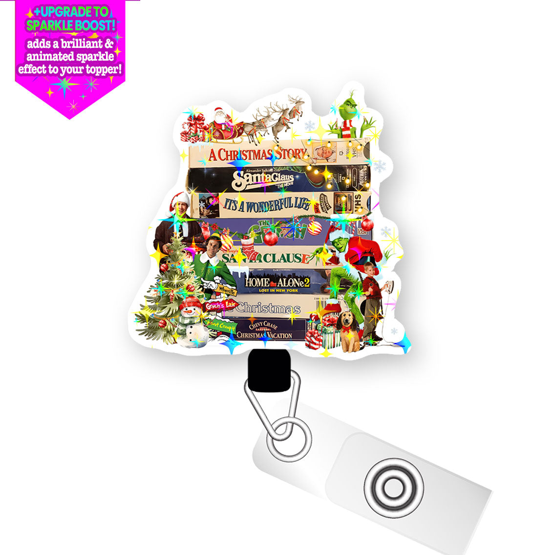 Christmas Movie Marathon Pop Topper Swapfinity Retractable ID Badge Reel - Alligator Clip / Make it Sparkle - Topperswap