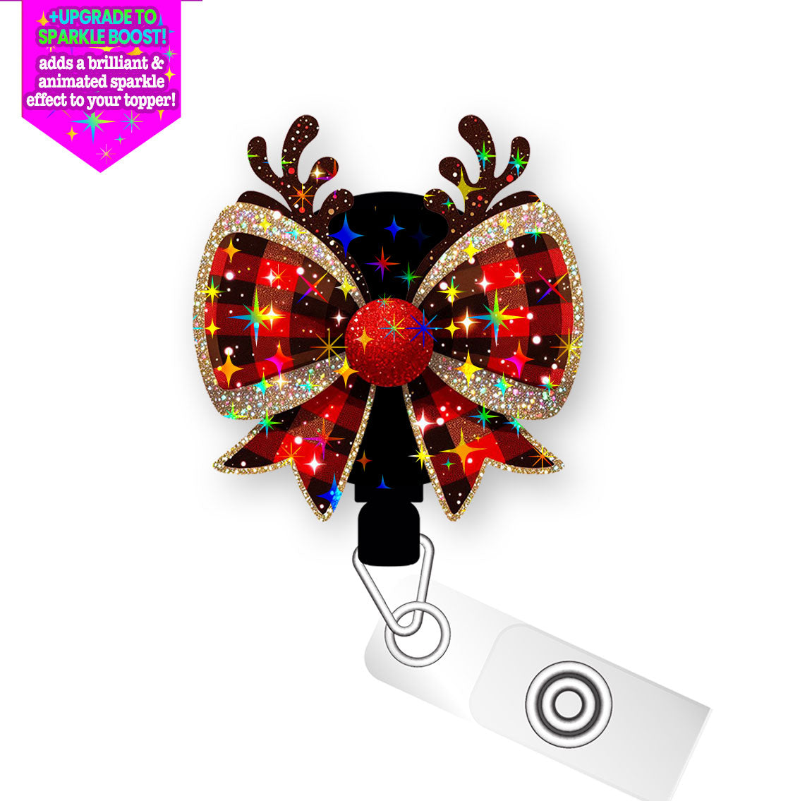 Plaid Reindeer Bow Pop Topper Swapfinity Retractable ID Badge Reel - Alligator Clip / Make it Sparkle - Topperswap