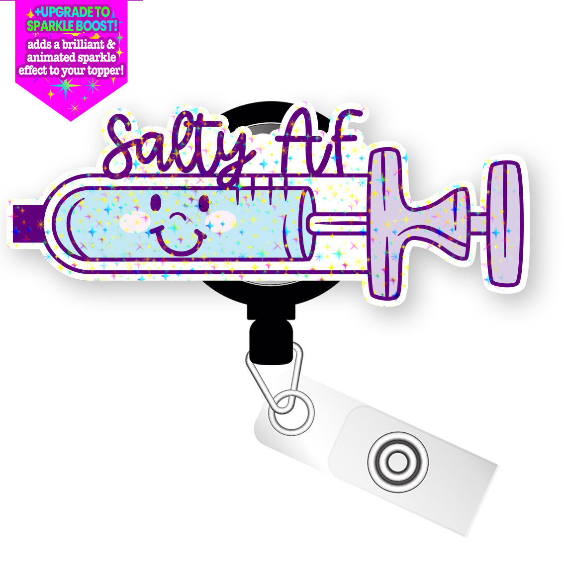 Salty Syringe Pop Topper Swapfinity Retractable ID Badge Reel - Alligator Clip / Make it Sparkle - Topperswap