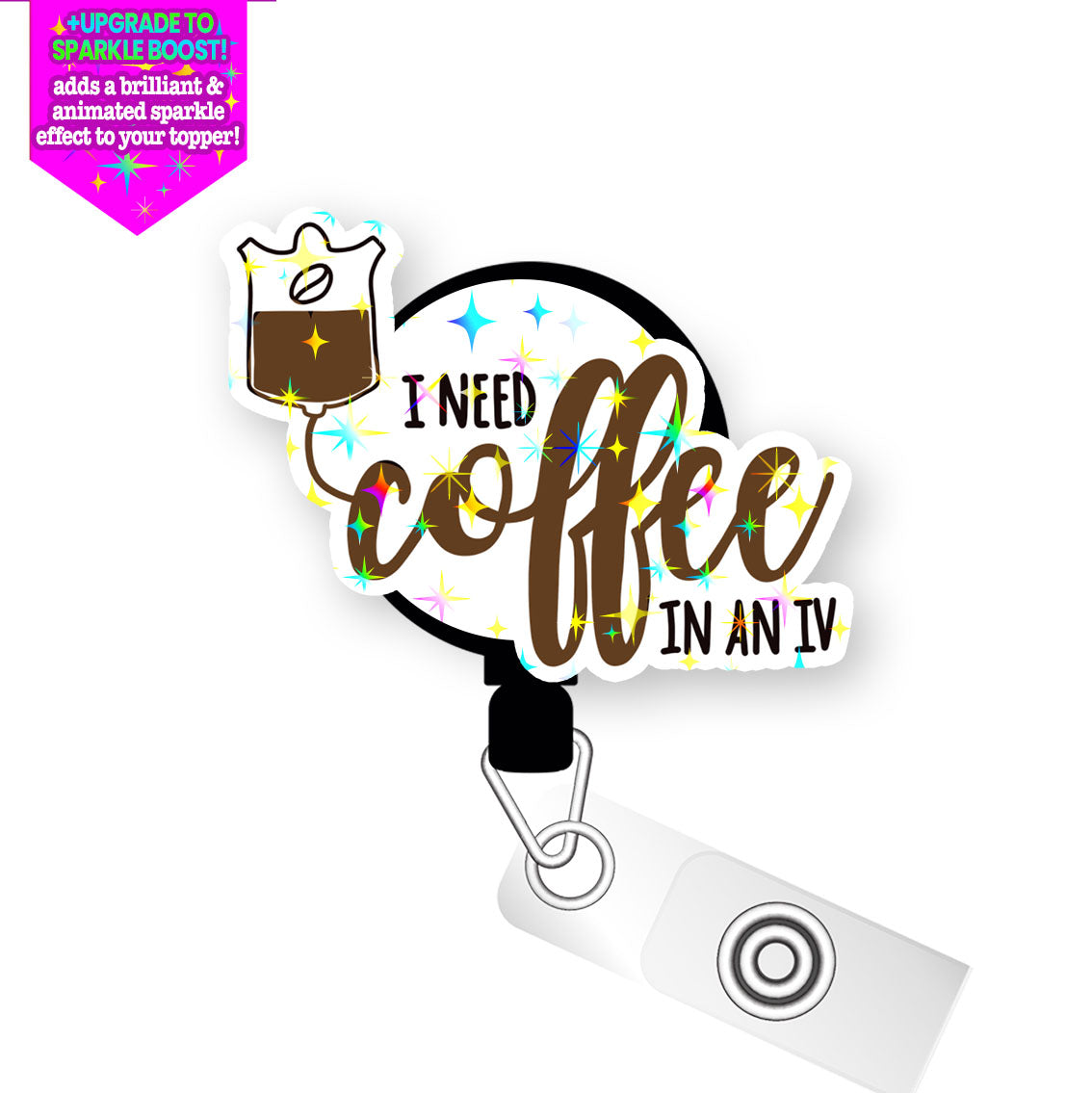 Coffee IV Pop Topper Swapfinity Retractable ID Badge Reel - Alligator Clip / Make it Sparkle - Topperswap