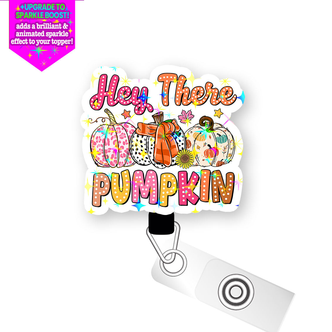 Pumpkin Greetings Pop Topper Swapfinity Retractable ID Badge Reel - Alligator Clip / Make it Sparkle - Topperswap