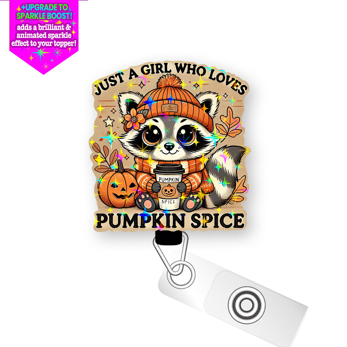 Pumpkin Spice Raccoon Pop Topper Swapfinity Retractable ID Badge Reel - Alligator Clip / Make it Sparkle - Topperswap