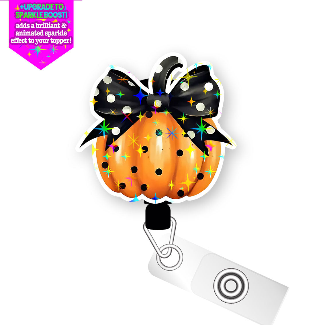 Polka-Dot Pumpkin Perfection Pop Topper Swapfinity Retractable ID Badge Reel - Alligator Clip / Make it Sparkle - Topperswap