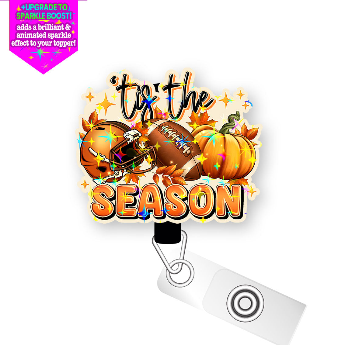 Game Day Pumpkin Pop Topper Swapfinity Retractable ID Badge Reel - Alligator Clip / Make it Sparkle - Topperswap