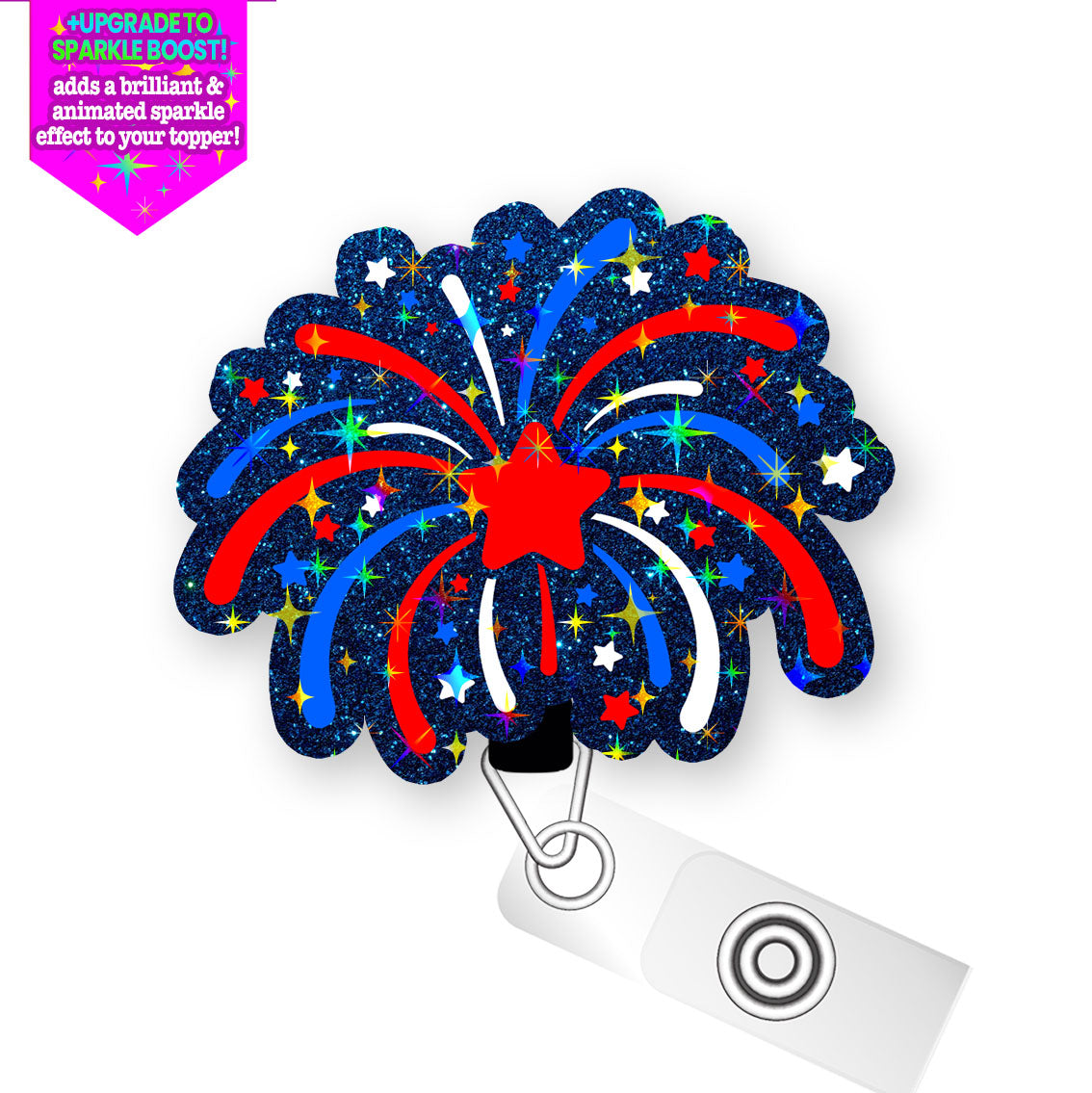 4th of July Fireworks Frenzy Pop Topper Swapfinity Retractable ID Badge Reel - Alligator Clip / Make it Sparkle - Topperswap