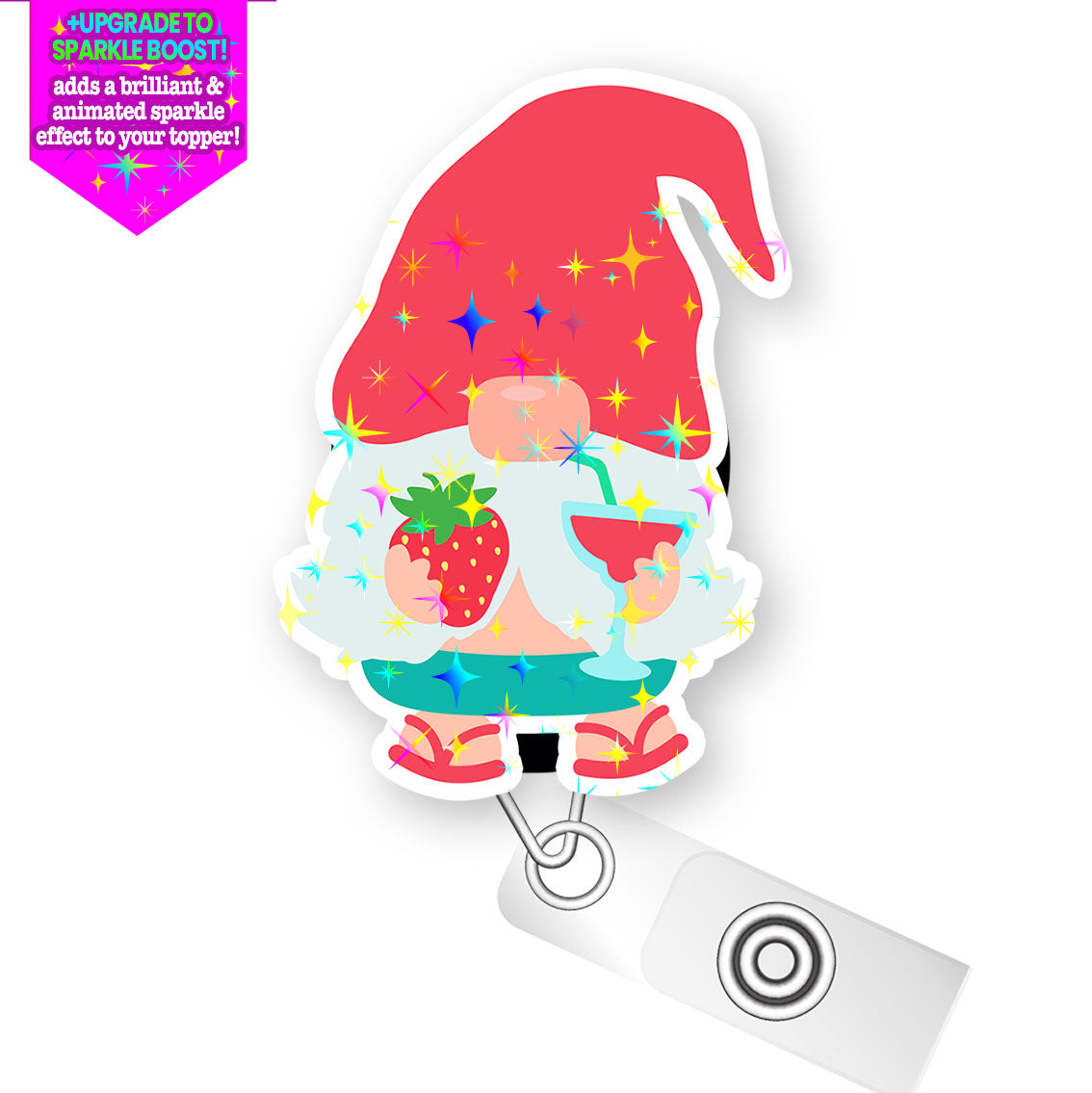 Strawberry Splash Gnome Pop Topper Swapfinity Retractable ID Badge Reel - Slide Clip / Make it Sparkle - Topperswap