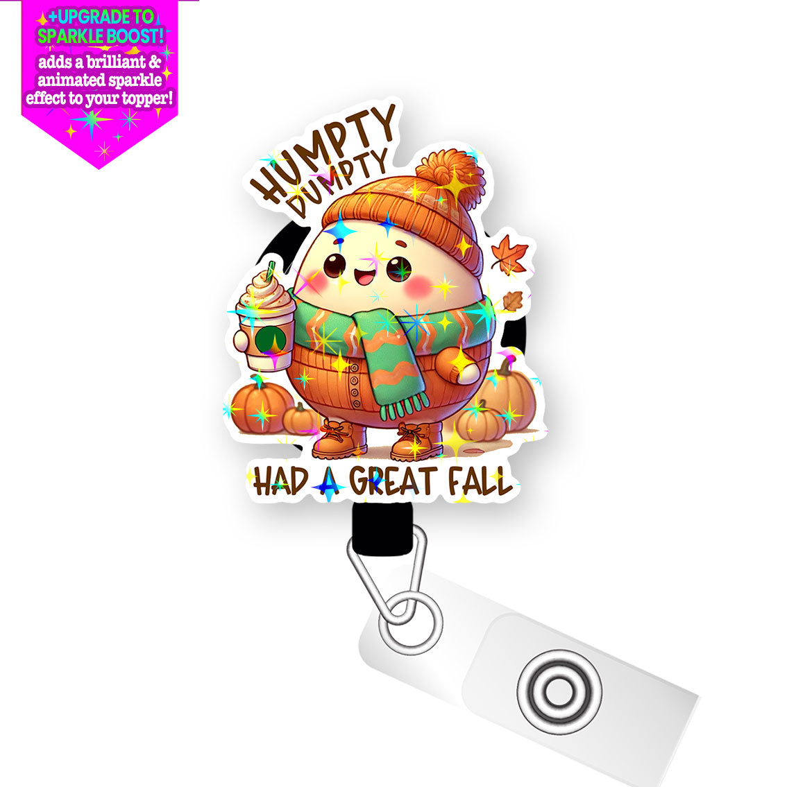 Humpty's Great Fall Pop Topper Swapfinity Retractable ID Badge Reel - Alligator Clip / Make it Sparkle - Topperswap