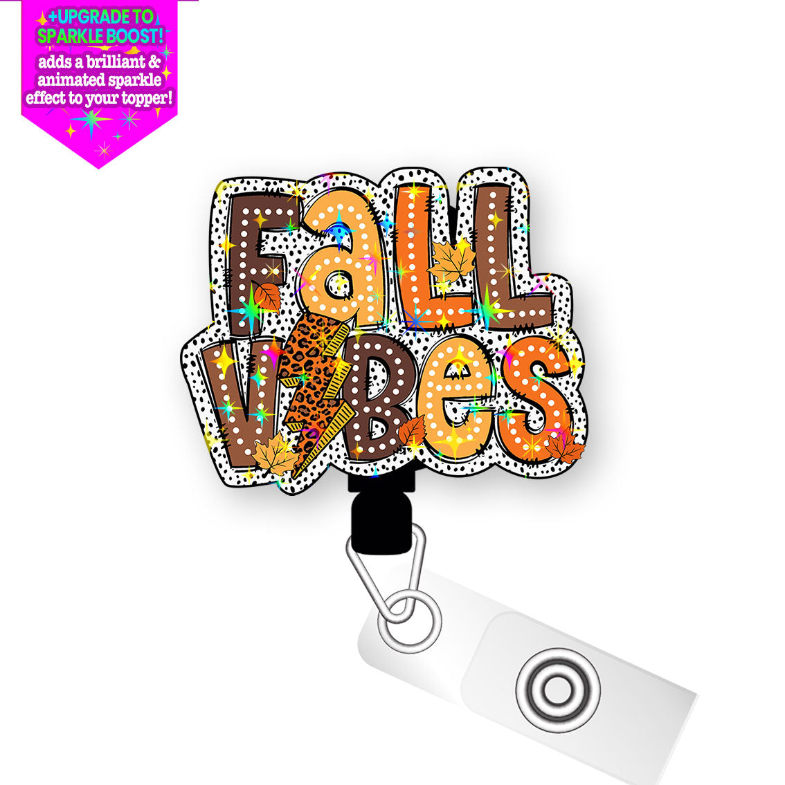 Fall Vibes Leopard Pop Topper Swapfinity Retractable ID Badge Reel - Alligator Clip / Make it Sparkle - Topperswap