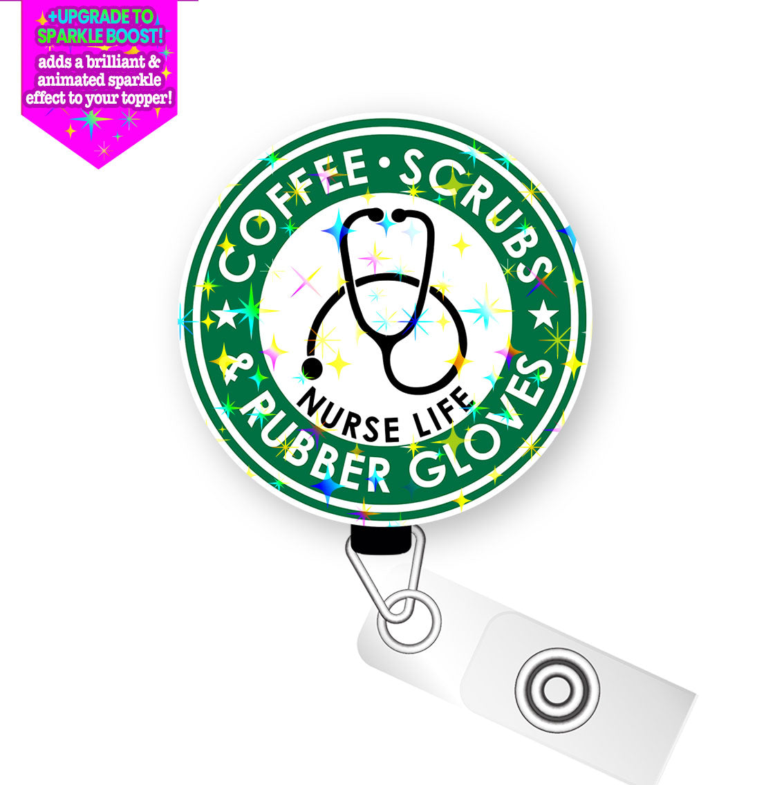 Coffee, Scrubs, Rubber Gloves Nurse Life Pop Topper Swapfinity Retractable ID Badge Reel -  - Topperswap