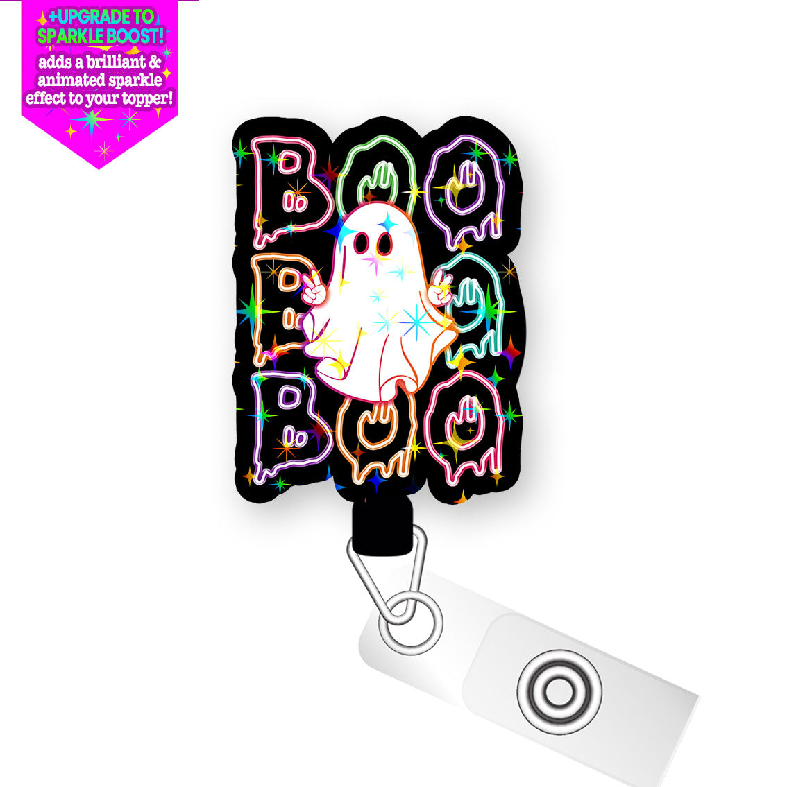 Neon Boo-tastic Ghost Pop Topper Swapfinity Retractable ID Badge Reel - Alligator Clip / Make it Sparkle - Topperswap