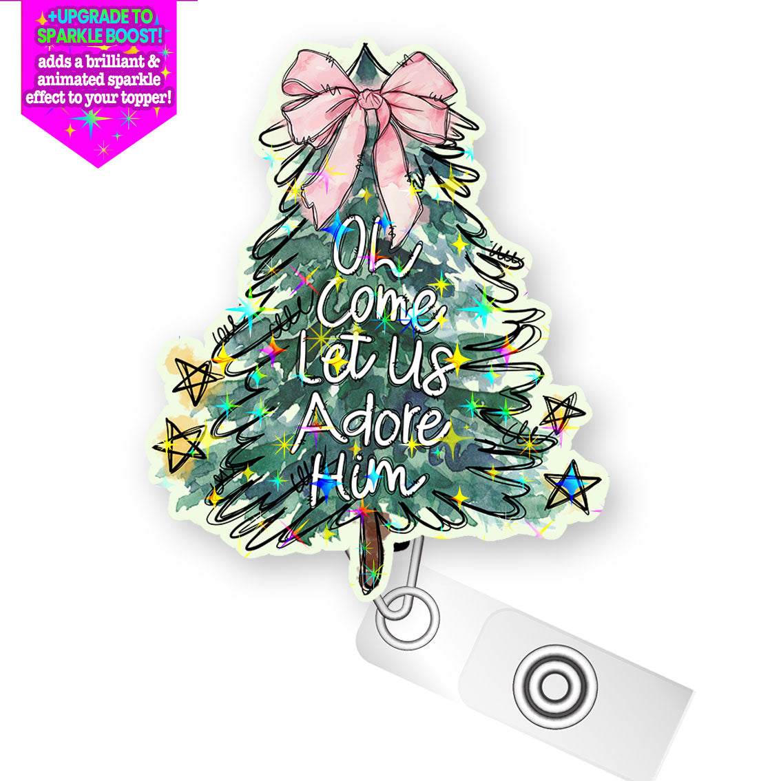 Oh Come Let Us Adore Him - Christmas Tree Pop Topper Swapfinity Retractable ID Badge Reel - Alligator Clip / Make it Sparkle - Topperswap