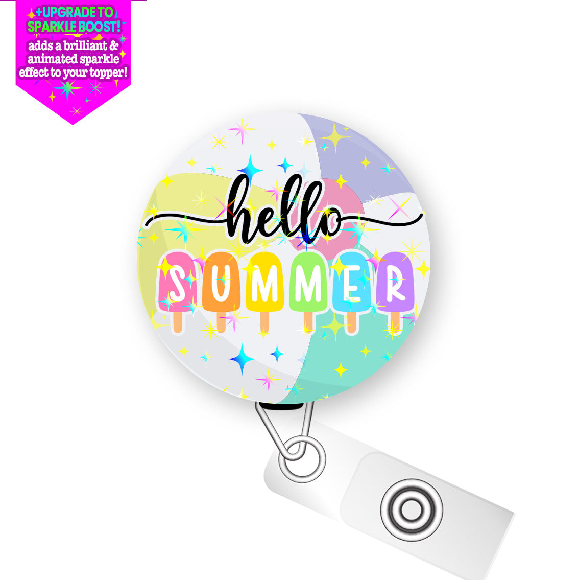 Hello Summer Pop Pop Topper Swapfinity Retractable ID Badge Reel - Slide Clip / Make it Sparkle - Topperswap