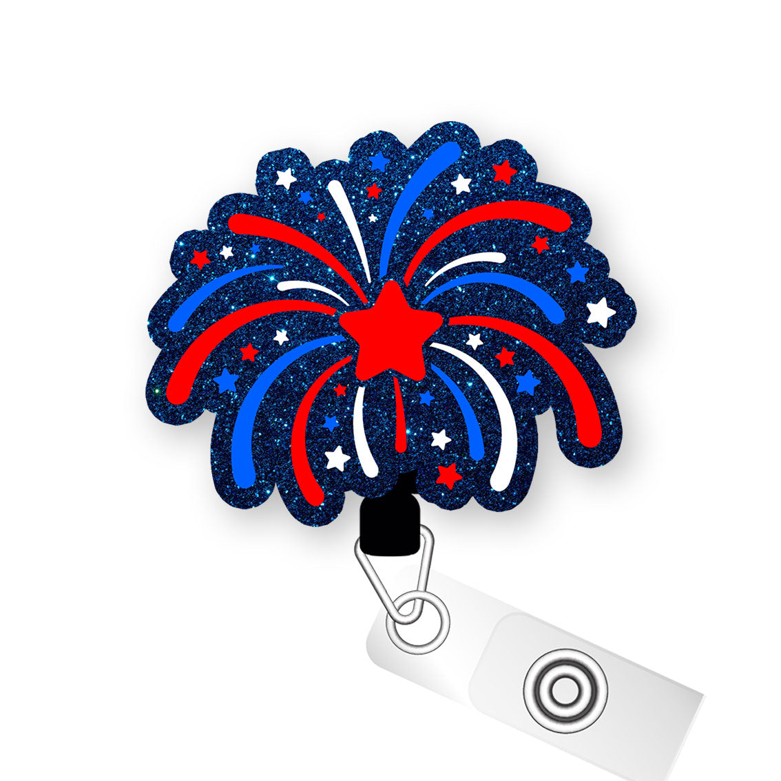 4th of July Fireworks Frenzy Pop Topper Swapfinity Retractable ID Badge Reel - Alligator Clip / Premium Matte - Topperswap