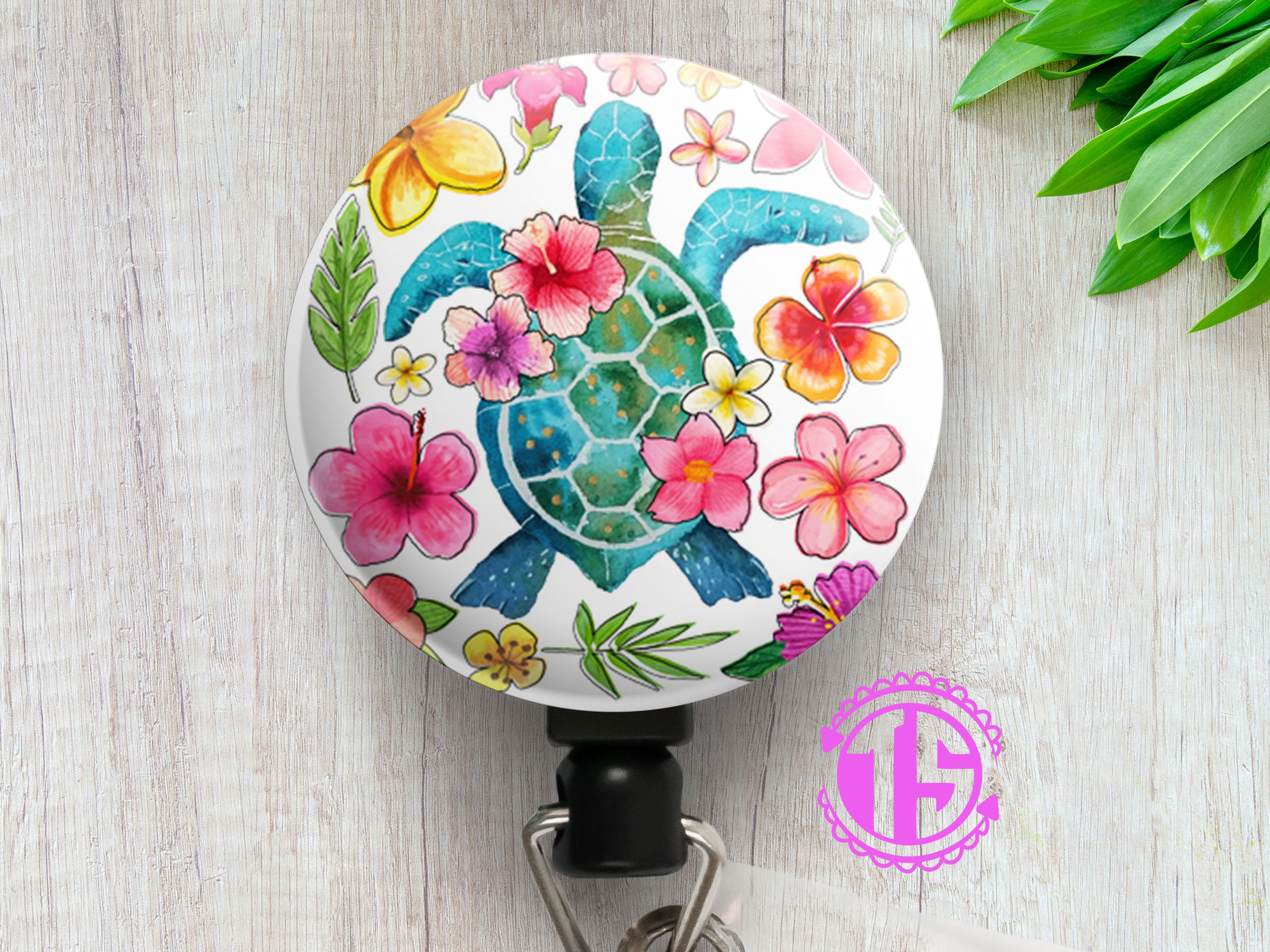 Tropical Turtle Bloom Swapfinity Retractable ID Badge Reel - Alligator Clip / Black - Topperswap