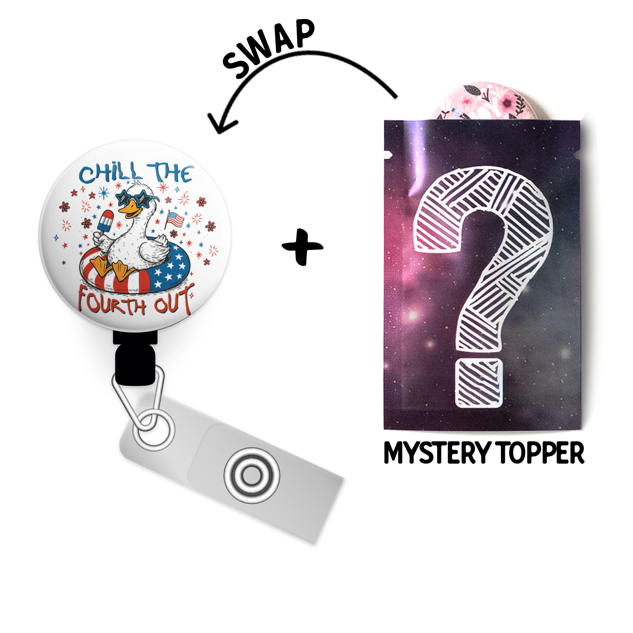 Chill the Fourth Out Swapfinity Retractable ID Badge Reel - Gator+Mystery Topper / Black - Topperswap