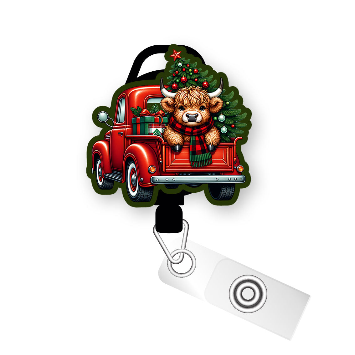 Merry Christmas Highland Cow Truck Pop Topper Swapfinity Retractable ID Badge Reel - Slide Clip / Premium Matte - Topperswap