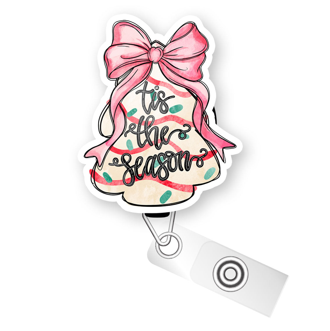 Pink Bow Christmas Tree Snack Cake Pop Topper Swapfinity Retractable ID Badge Reel - Slide Clip / Premium Matte - Topperswap