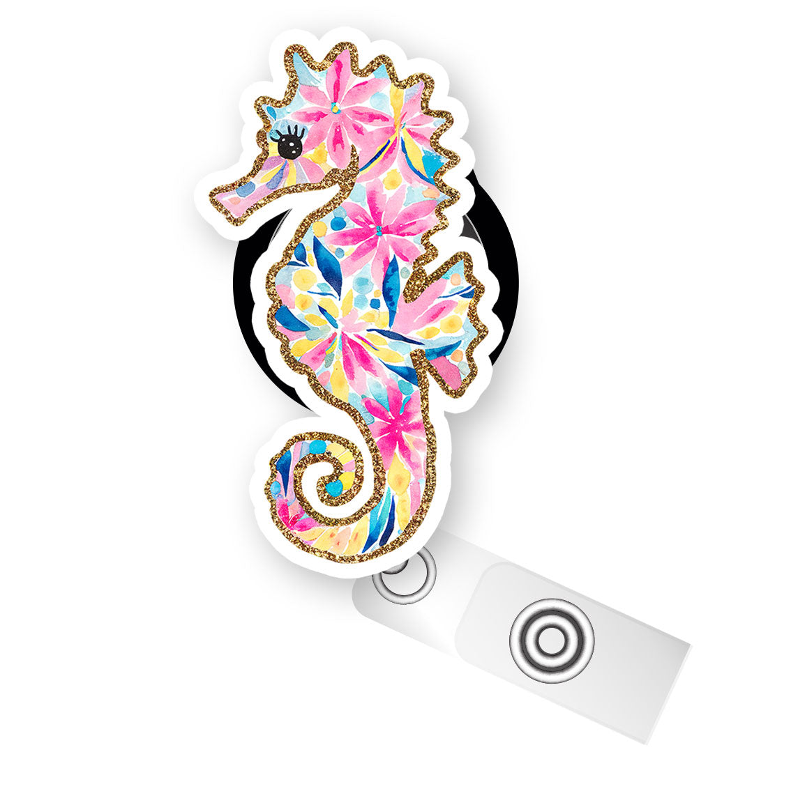 Sea You Sparkle Seahorse Pop Topper Swapfinity Retractable ID Badge Reel - - Topperswap