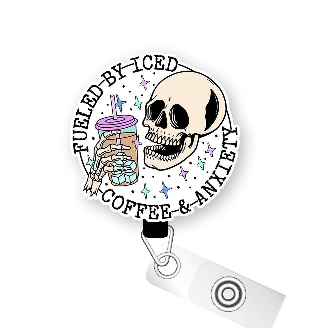 Fueled by Iced Coffee Pop Topper Swapfinity Retractable ID Badge Reel - Alligator Clip / Premium Matte - Topperswap