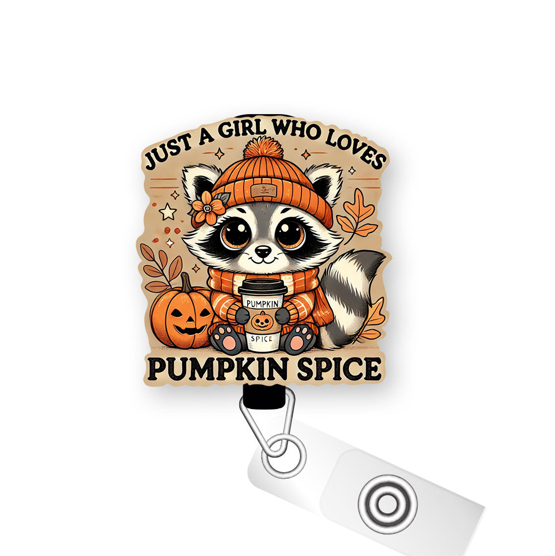 Pumpkin Spice Raccoon Pop Topper Swapfinity Retractable ID Badge Reel - Slide Clip / Premium Matte - Topperswap