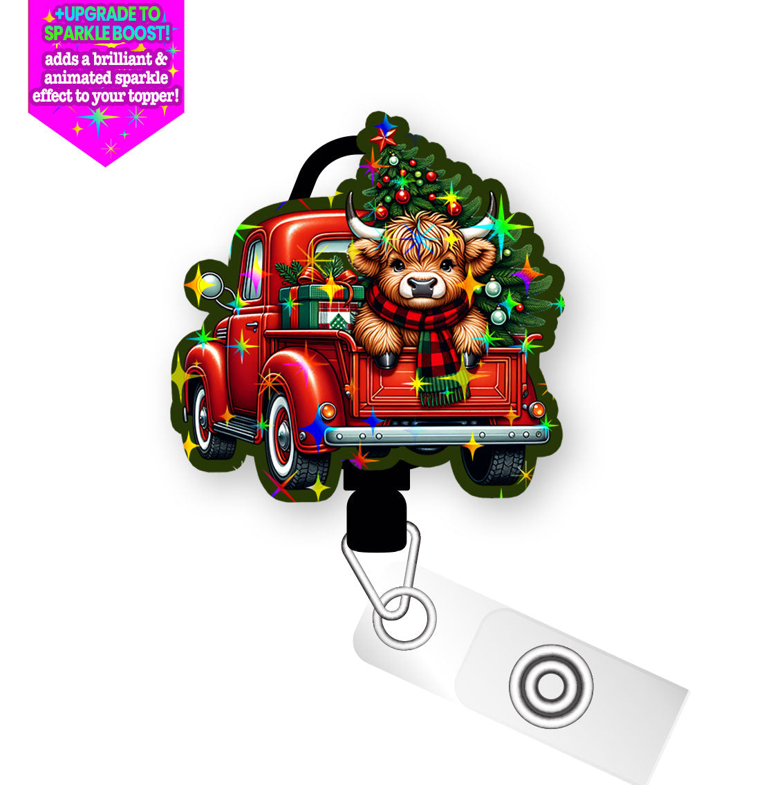 Merry Christmas Highland Cow Truck Pop Topper Swapfinity Retractable ID Badge Reel - Slide Clip / Make it Sparkle - Topperswap