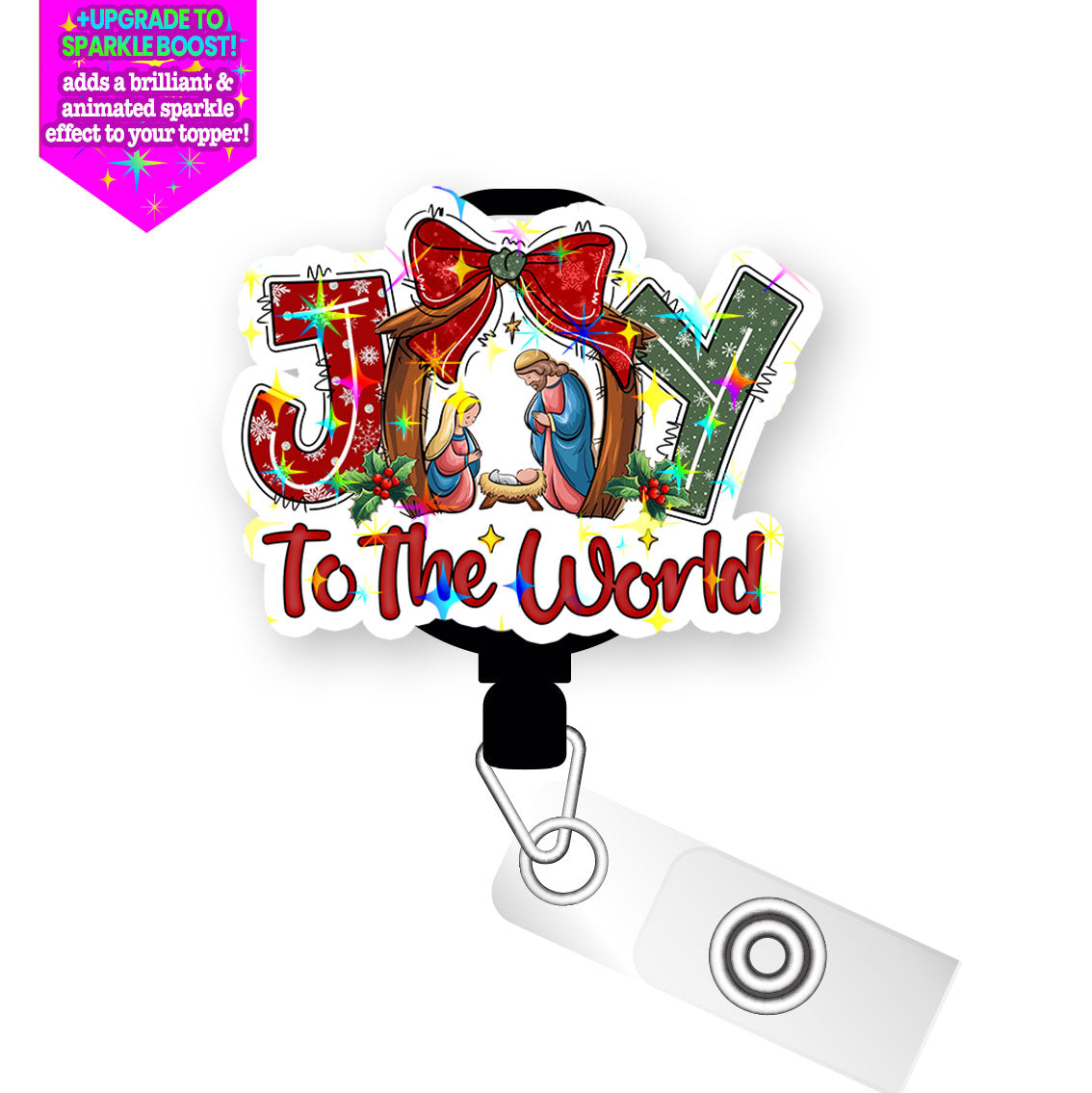 Joy to the World Sparkling Nativity Scene Pop Topper Swapfinity Retractable ID Badge Reel - Slide Clip / Make it Sparkle - Topperswap