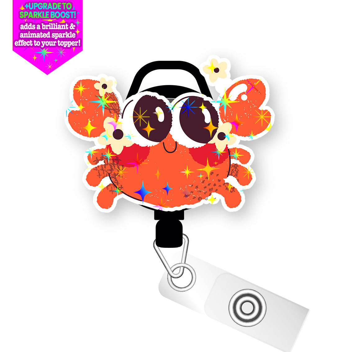 Cheerful Crab Pop Topper Swapfinity Retractable ID Badge Reel - Slide Clip / Make it Sparkle - Topperswap