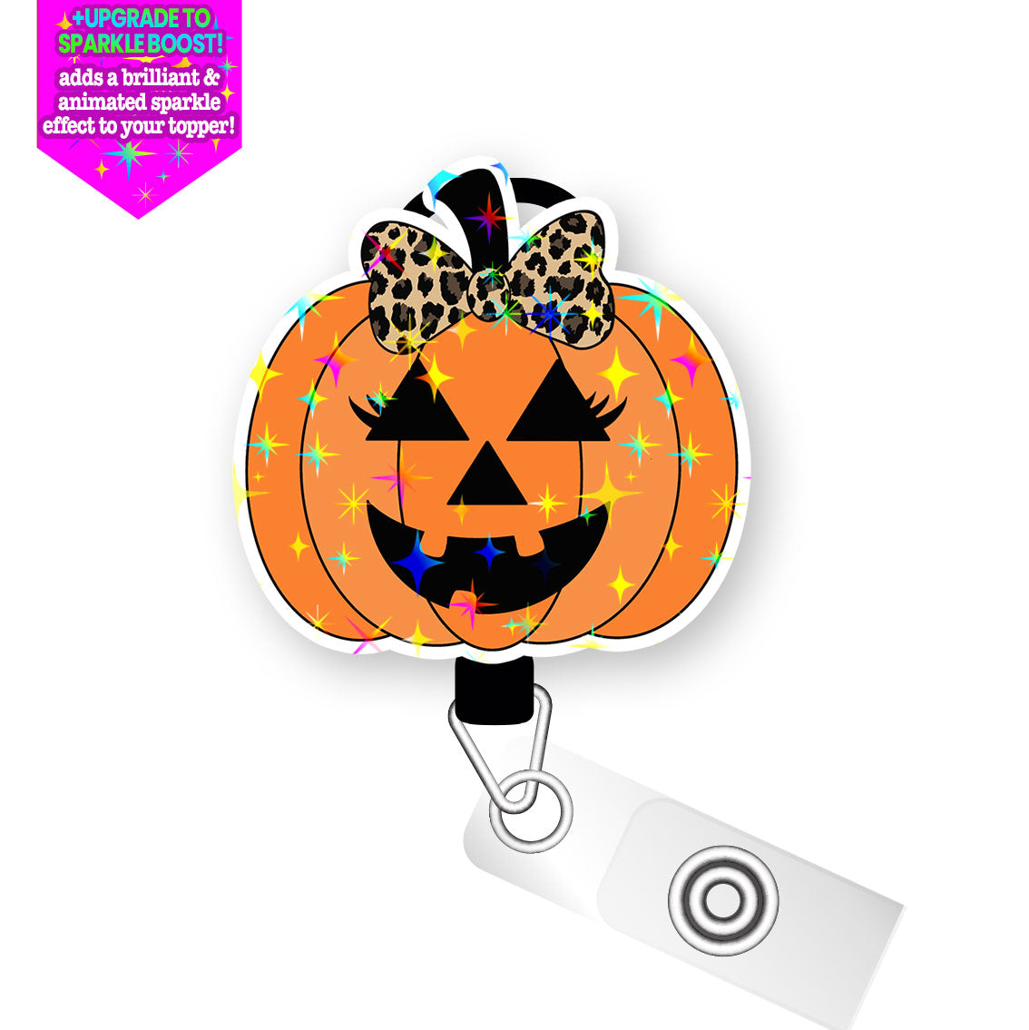 Leopard Glam Pumpkin Pop Topper Swapfinity Retractable ID Badge Reel - Slide Clip / Make it Sparkle - Topperswap