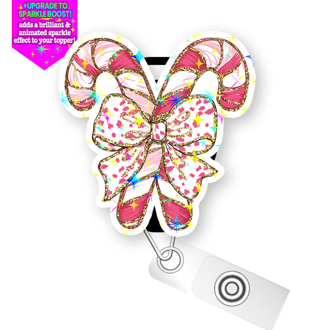 Candy Cane Bow Pop Topper Swapfinity Retractable ID Badge Reel - Slide Clip / Make it Sparkle - Topperswap