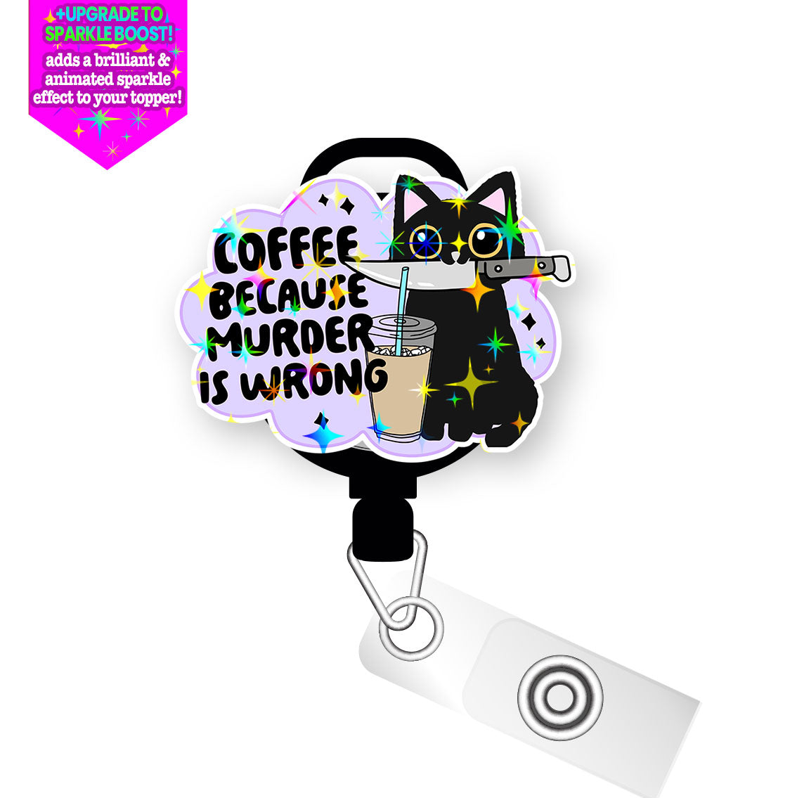 Coffee Because Pop Topper Swapfinity Retractable ID Badge Reel - Slide Clip / Make it Sparkle - Topperswap