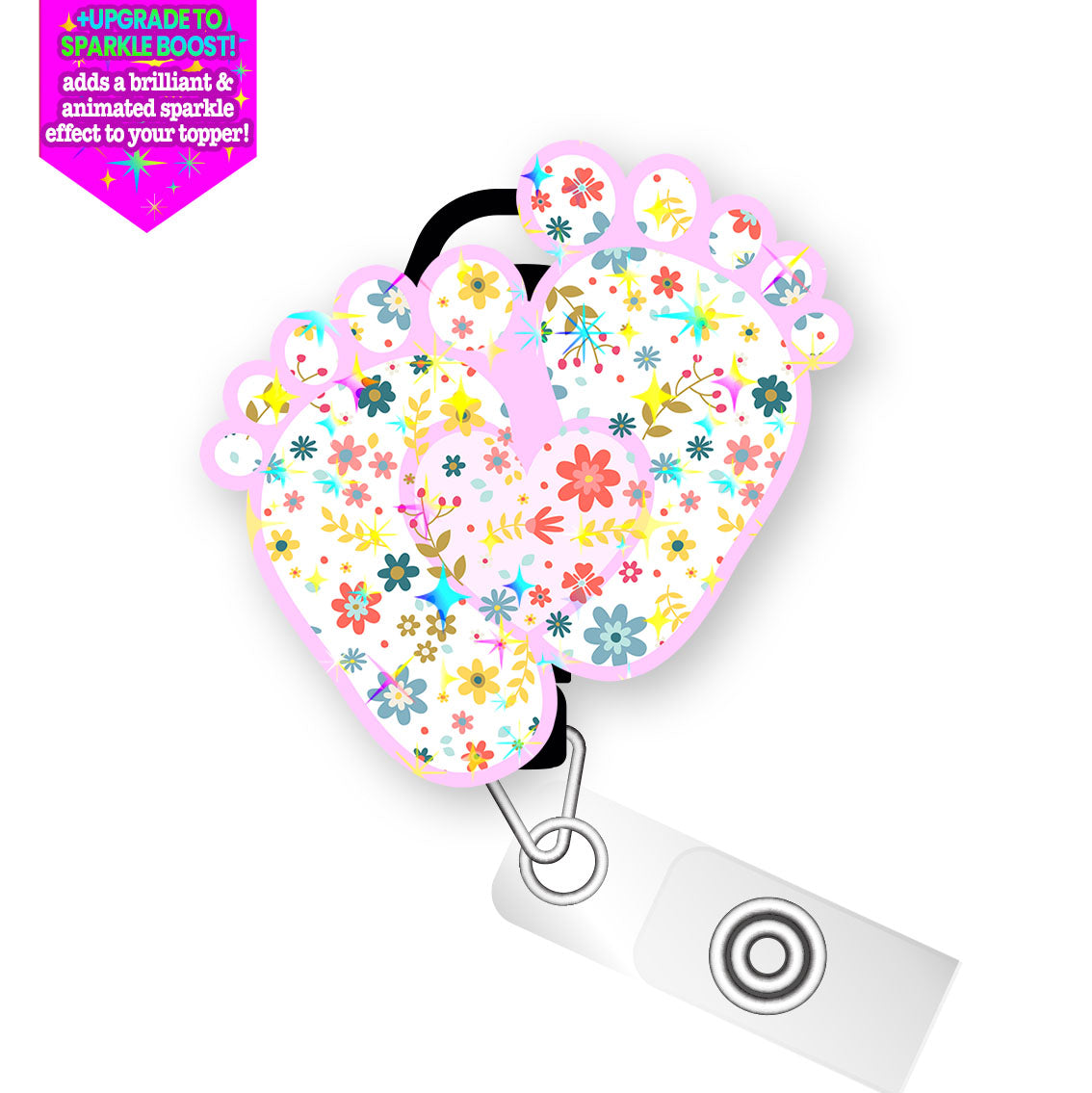 Baby Feet Floral Pop Topper Swapfinity Retractable ID Badge Reel - Slide Clip / Make it Sparkle - Topperswap