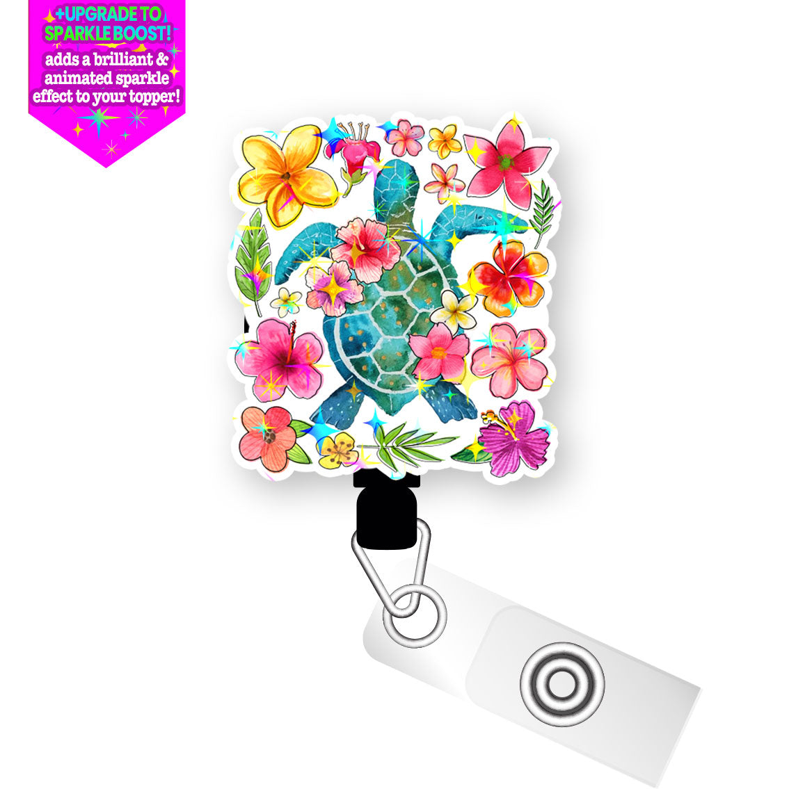 Tropical Turtle Bloom Pop Topper Swapfinity Retractable ID Badge Reel - Slide Clip / Flex - Make it Sparkle - Topperswap