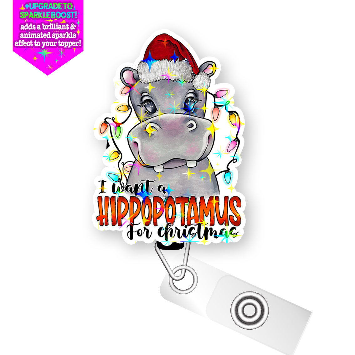 Hippo Christmas Pop Topper Swapfinity Retractable ID Badge Reel - Slide Clip / Make it Sparkle - Topperswap