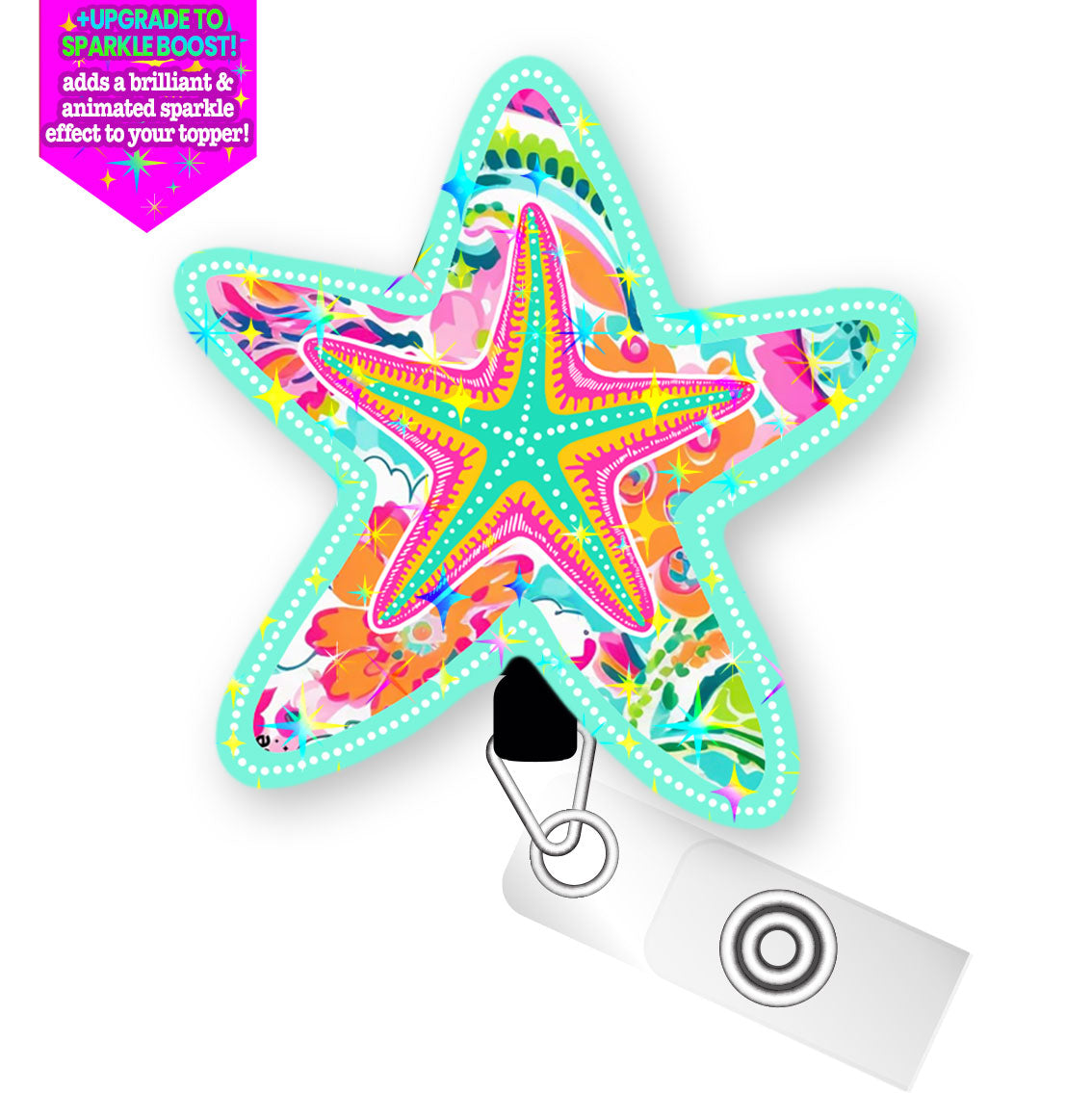 Starfish Splash Pop Topper Swapfinity Retractable ID Badge Reel - - Topperswap
