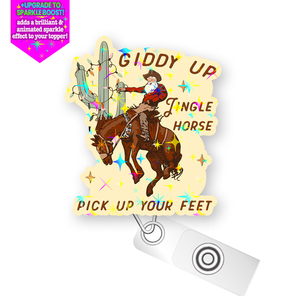 Giddy Up Christmas Cowboy Pop Topper Swapfinity Retractable ID Badge Reel - Alligator Clip / Make it Sparkle - Topperswap