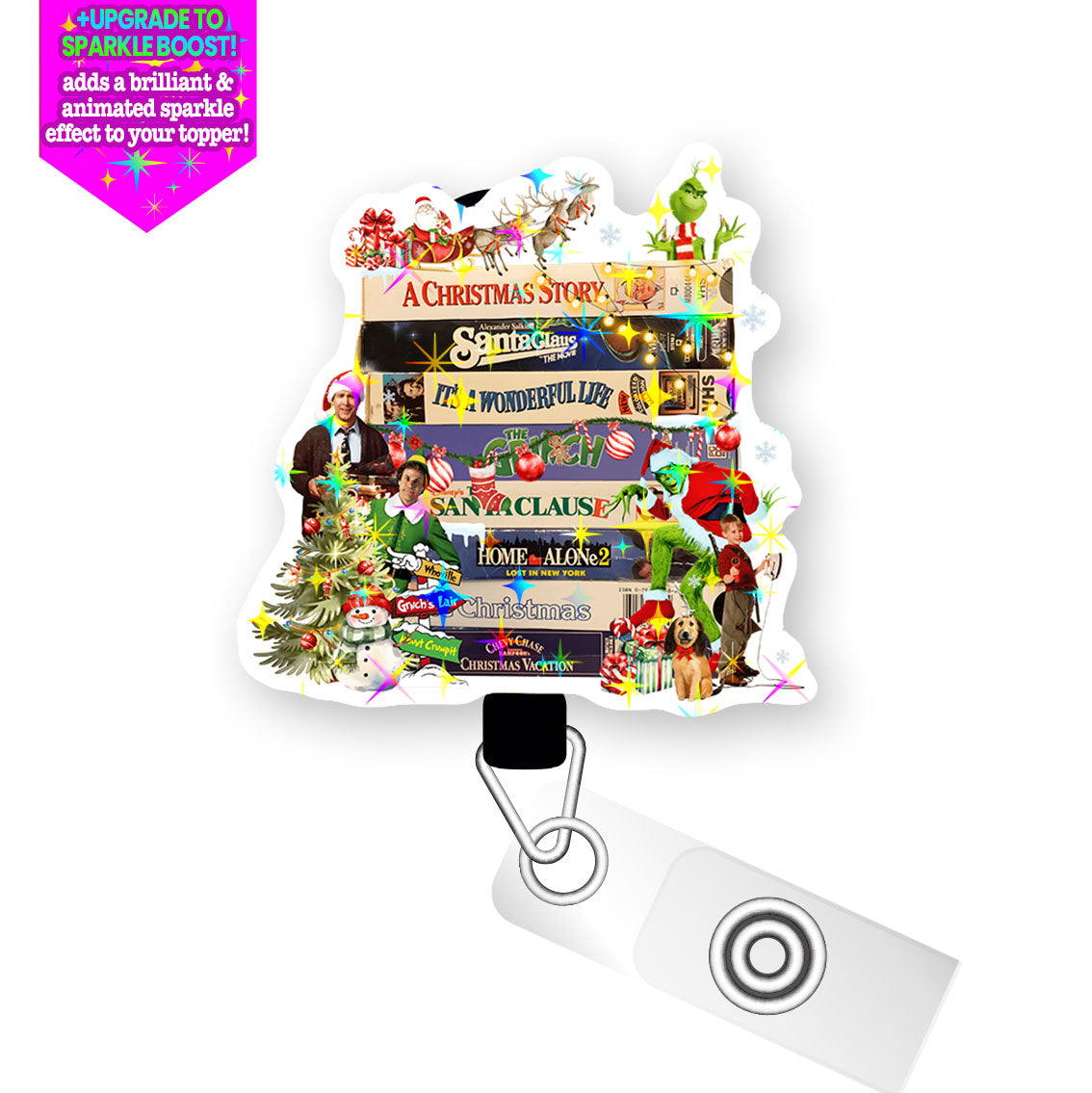 Christmas Movie Marathon Pop Topper Swapfinity Retractable ID Badge Reel - Slide Clip / Make it Sparkle - Topperswap