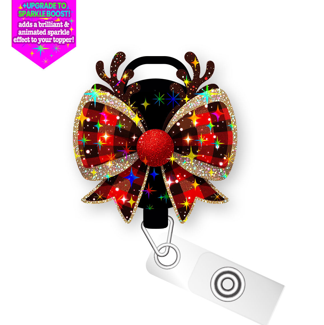 Plaid Reindeer Bow Pop Topper Swapfinity Retractable ID Badge Reel - Slide Clip / Make it Sparkle - Topperswap